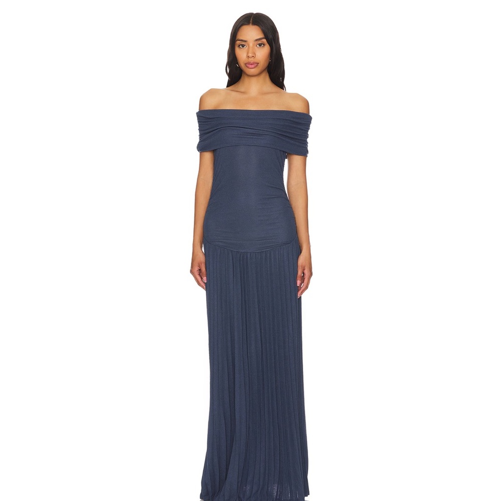 Lioness Strapless Navy Blue Off-Shoulder Pleated Maxi Dress